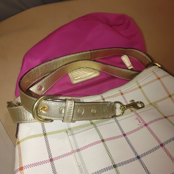 Coach Signature Crossbody Bag White Multicolor Plaid With Gold Accents & Pink In - Picture 10 of 15